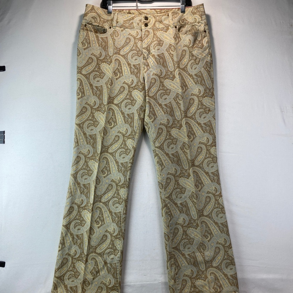 VTG Y2K Tommy Hilfiger Paisley Print Pants Women 14 Tan Gold Blue Straight Leg